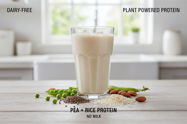 Dairy free plant based protein powder shake made from pea and rice protein for easy digestion and muscle support