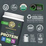 Container of Sunwarrior organic active protein powder with multiple certification icons and recycling information