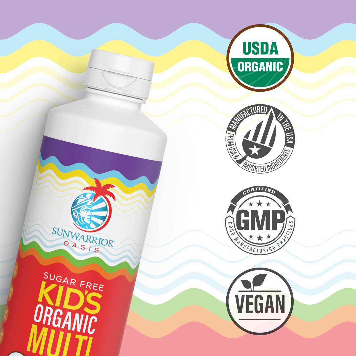 Bottle of Sunwarrior Oasis sugar-free kids organic multivitamin with certification logos for USDA, GMP, vegan, and made in USA.