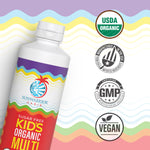 Bottle of Sunwarrior Oasis sugar-free kids organic multivitamin with certification logos for USDA, GMP, vegan, and made in USA.