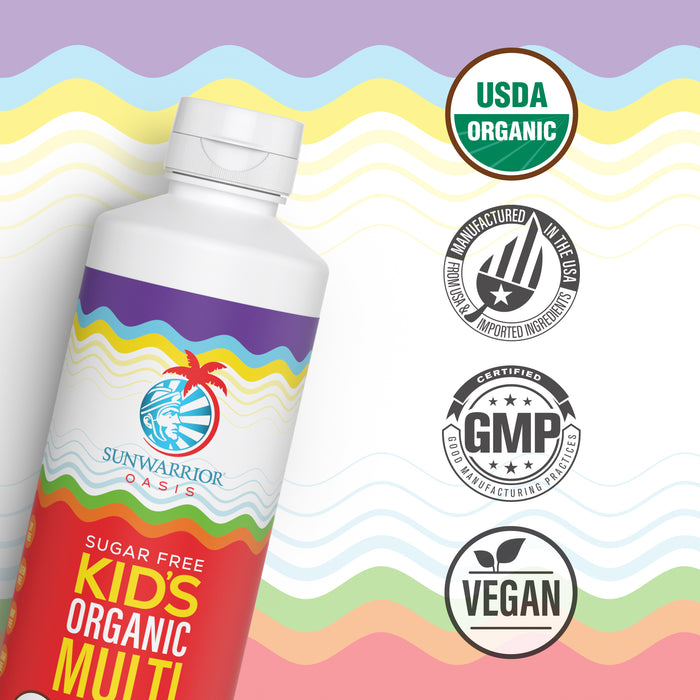 Bottle of Sunwarrior Oasis sugar-free kids organic multivitamin with certification logos for USDA, GMP, vegan, and made in USA.