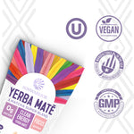 Sunwarrior Yerba Mate and Matcha blend package with energy, focus, vegan, and certification icons visible.