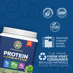 Container of vegan Sunwarrior plant-based protein plus creatine with sustainability and certification icons visible