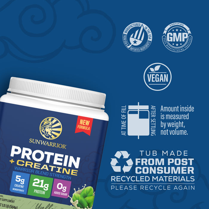 Container of vegan Sunwarrior plant-based protein plus creatine with sustainability and certification icons visible