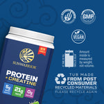 Sunwarrior vegan protein powder container with creatine and eco-friendly recycled packaging icons.