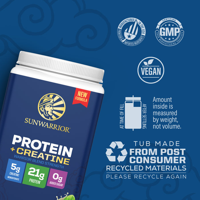 Sunwarrior vegan protein powder container with creatine and eco-friendly recycled packaging icons.