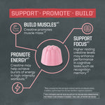Pink gummy illustration with text highlighting muscle building, energy promotion, and cognitive focus benefits