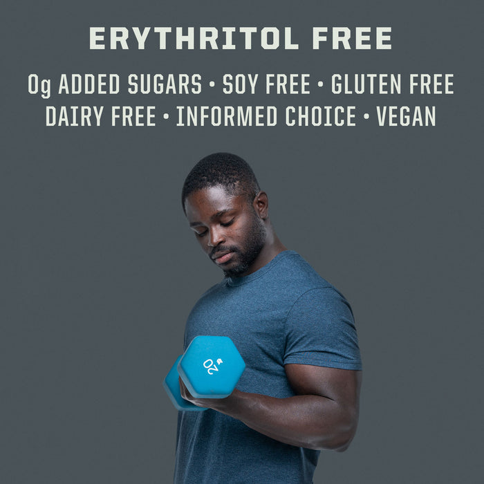 Man in blue shirt lifting a 20-pound blue dumbbell with health benefit text above him