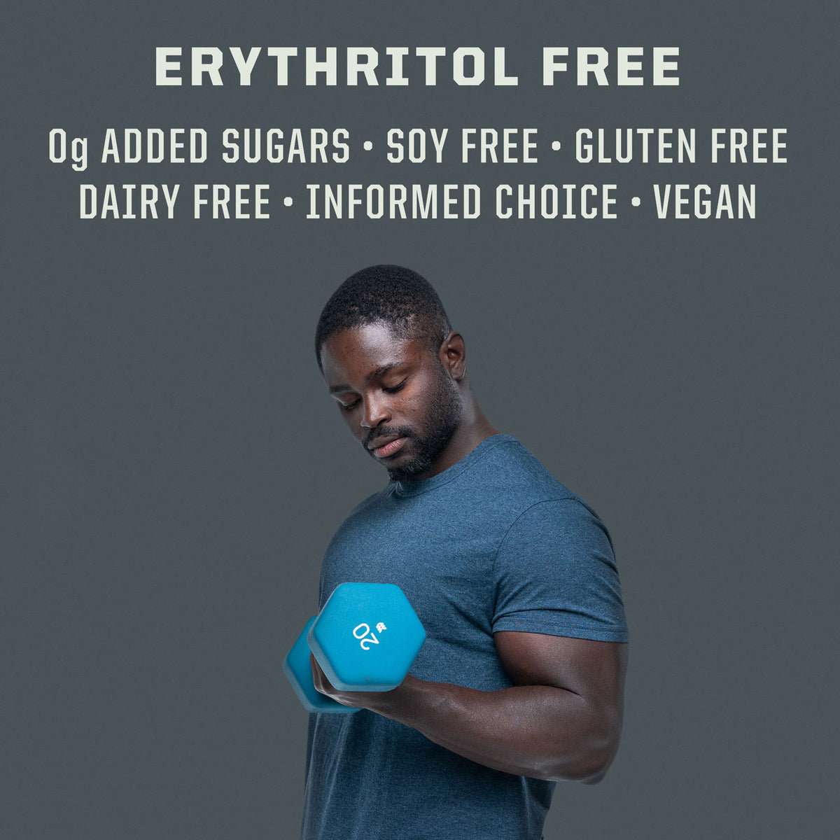 Athletic man lifting blue dumbbell with text highlighting vegan, gluten-free, soy-free, and dairy-free attributes