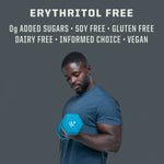 Athletic man lifting blue dumbbell with text highlighting vegan, gluten-free, soy-free, and dairy-free attributes
