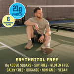 Man sitting on tennis court holding a shaker bottle with protein powder benefits text nearby
