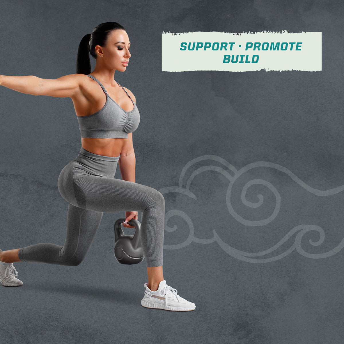 Woman in gray activewear holding kettlebell performing lunge exercise with fitness motivational text background