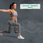 Woman in gray activewear holding kettlebell performing lunge exercise with fitness motivational text background