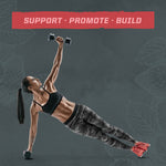 Athletic woman in workout clothes lifting dumbbells in a side plank with text support promote build above