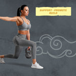Fit woman in gray workout clothes holding a kettlebell while lunging against a gray background with text 