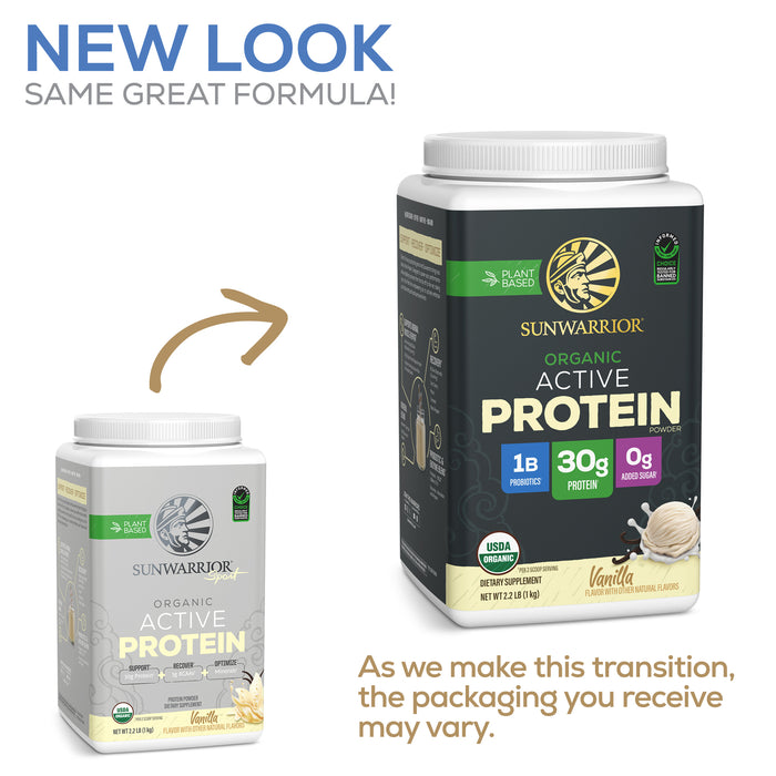Comparison of old and new Sunwarrior Organic Active Protein Vanilla packaging showing plant-based powder container.