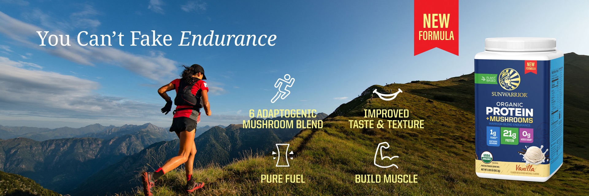 Organic Protein for Endurance with Adaptogenic Mushrooms - Warrior Blend Vanilla - Life style banner image desktop
