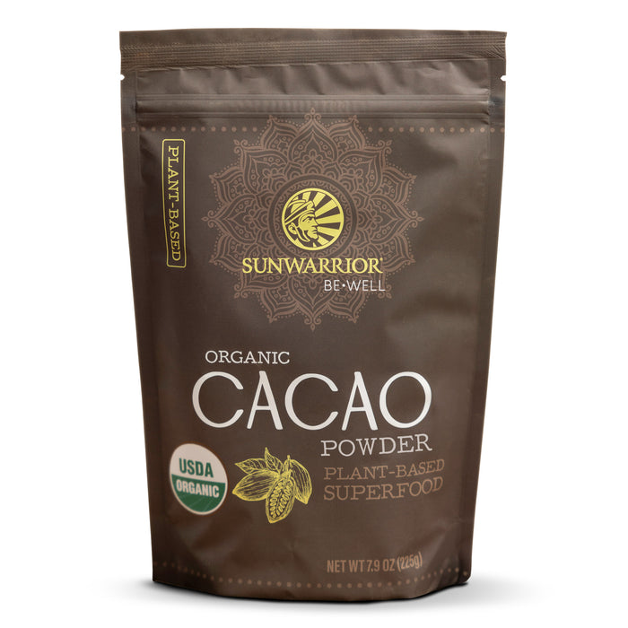 Sunwarrior organic cacao powder package on a white background