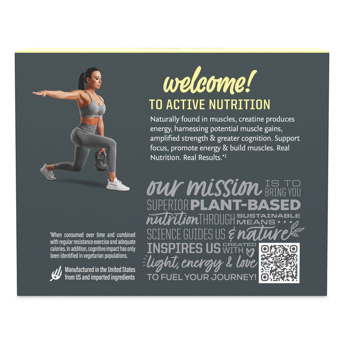 Woman in athletic wear performing a lunge exercise with informational text about active nutrition and plant-based support next to her