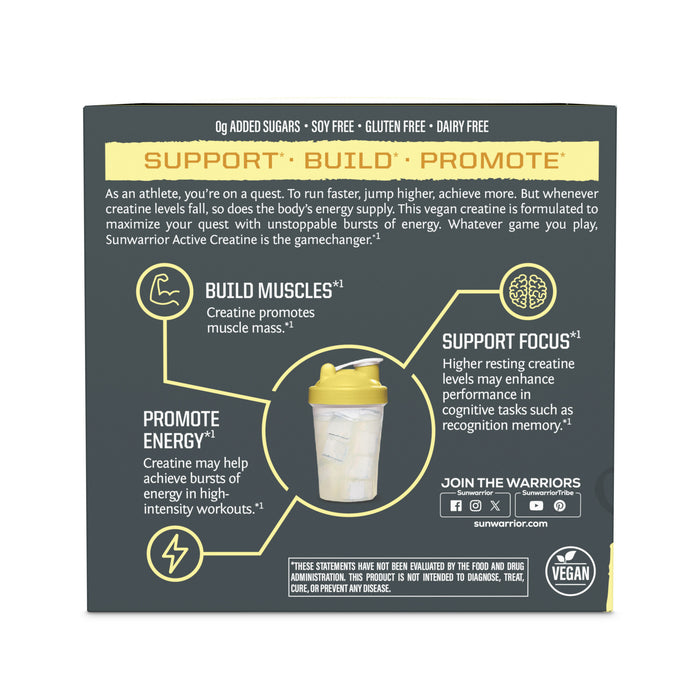 Sunwarrior Active Creatine supplement packaging with text and graphics on a dark background