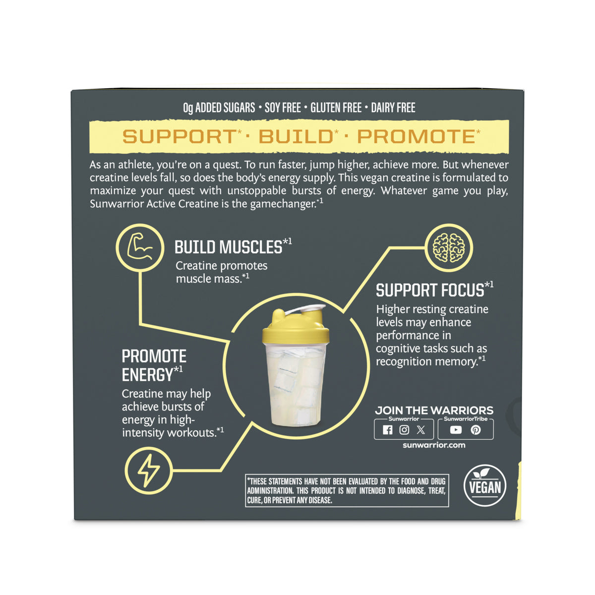 Back of a supplement box highlighting benefits of vegan creatine for muscle building, energy, and cognitive focus.