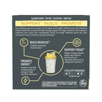 Back of a supplement box highlighting benefits of vegan creatine for muscle building, energy, and cognitive focus.