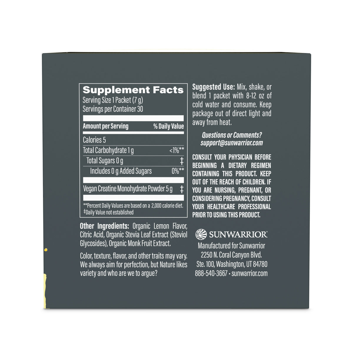 Supplement facts label for Active Creatine Lemonade on a dark gray background