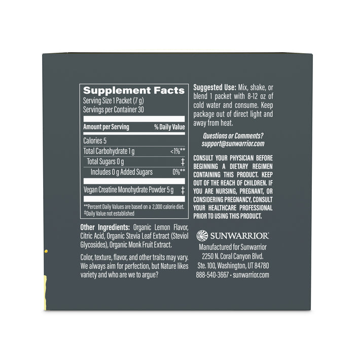 Supplement facts label for Active Creatine Lemonade on a dark gray background