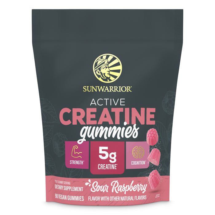 Sunwarrior Active Creatine Gummies sour raspberry flavor dietary supplement pouch with gummies shown