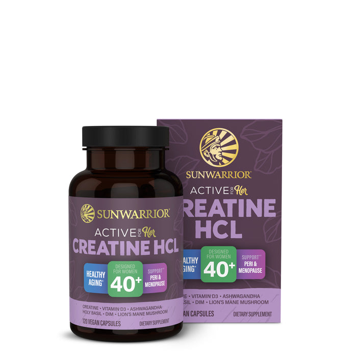 Bottle and box of Sunwarrior Active for Her Creatine HCL dietary supplement for women over 40
