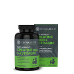 Bottle and box of Sunwarrior Post-Workout supplement featuring Creatine 3000 and Astragin with green and black labels highlighting benefits like muscle mass, cognition, and absorption.