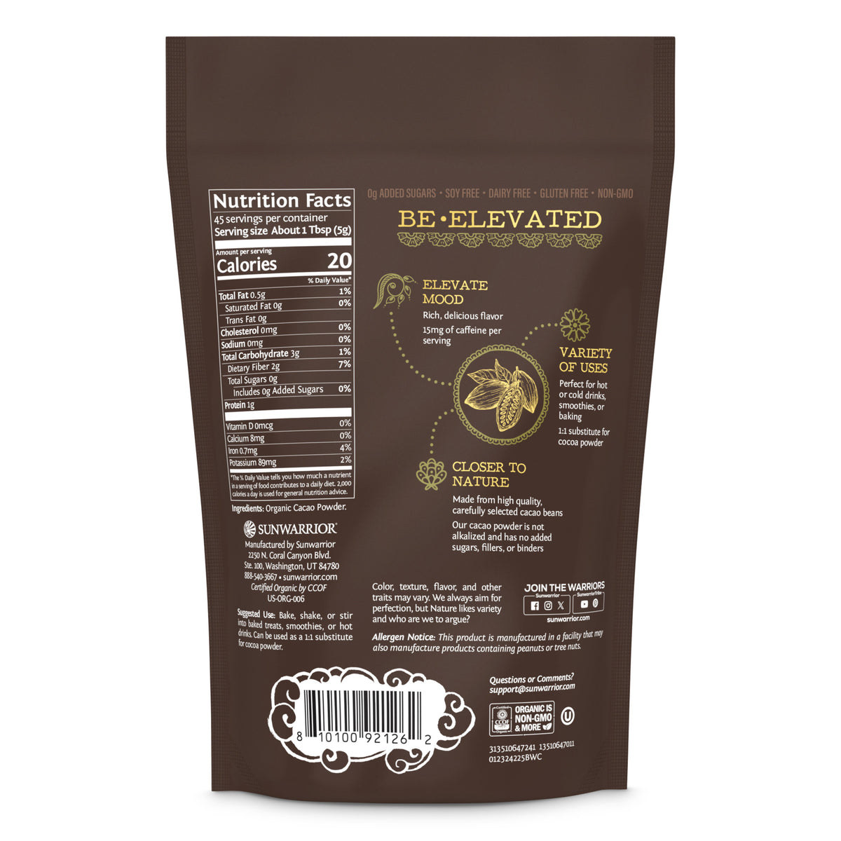 Be.Well Cacao 225g Pouch Back