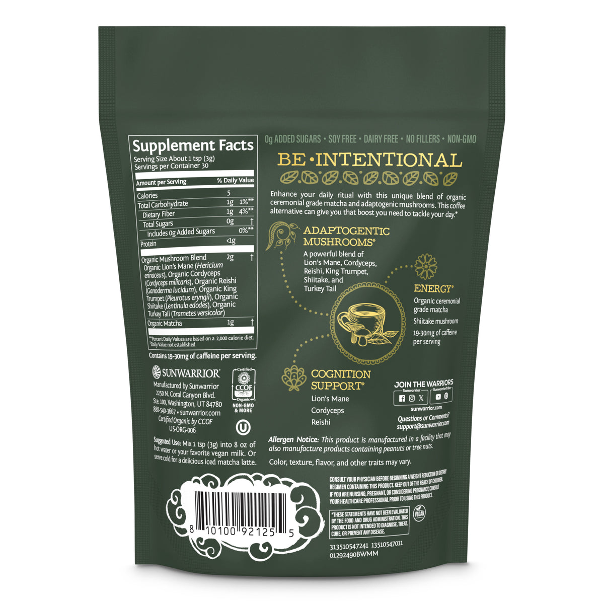 Be•Well Organic Matcha and Mushroom Powder Superfood Supplements Sunwarrior