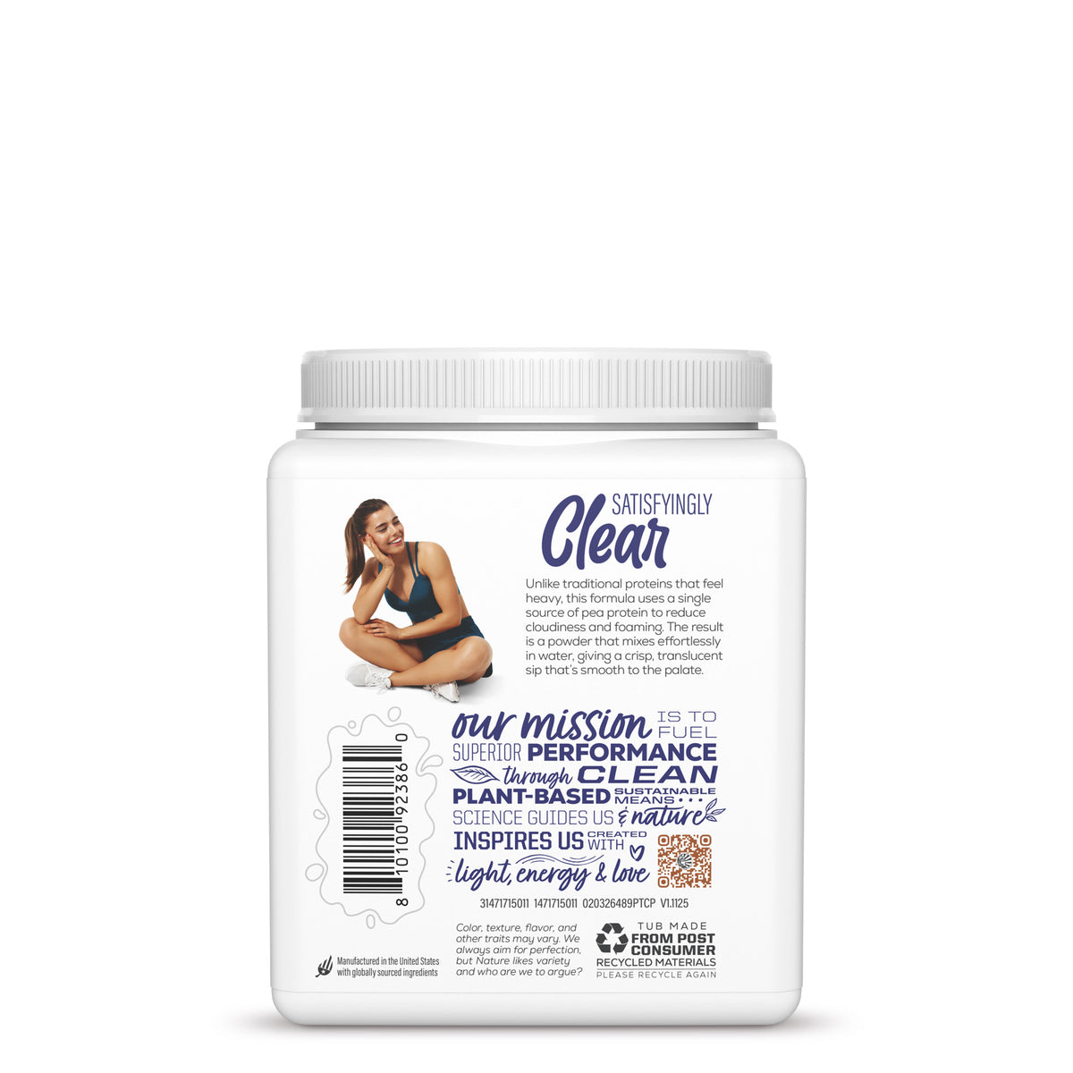 Back of a white container with text about clear plant-based protein powder and a woman in workout clothes sitting cross-legged