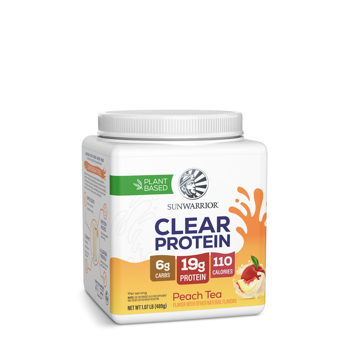 Container of Sunwarrior plant-based clear protein powder with peach tea flavor on white background
