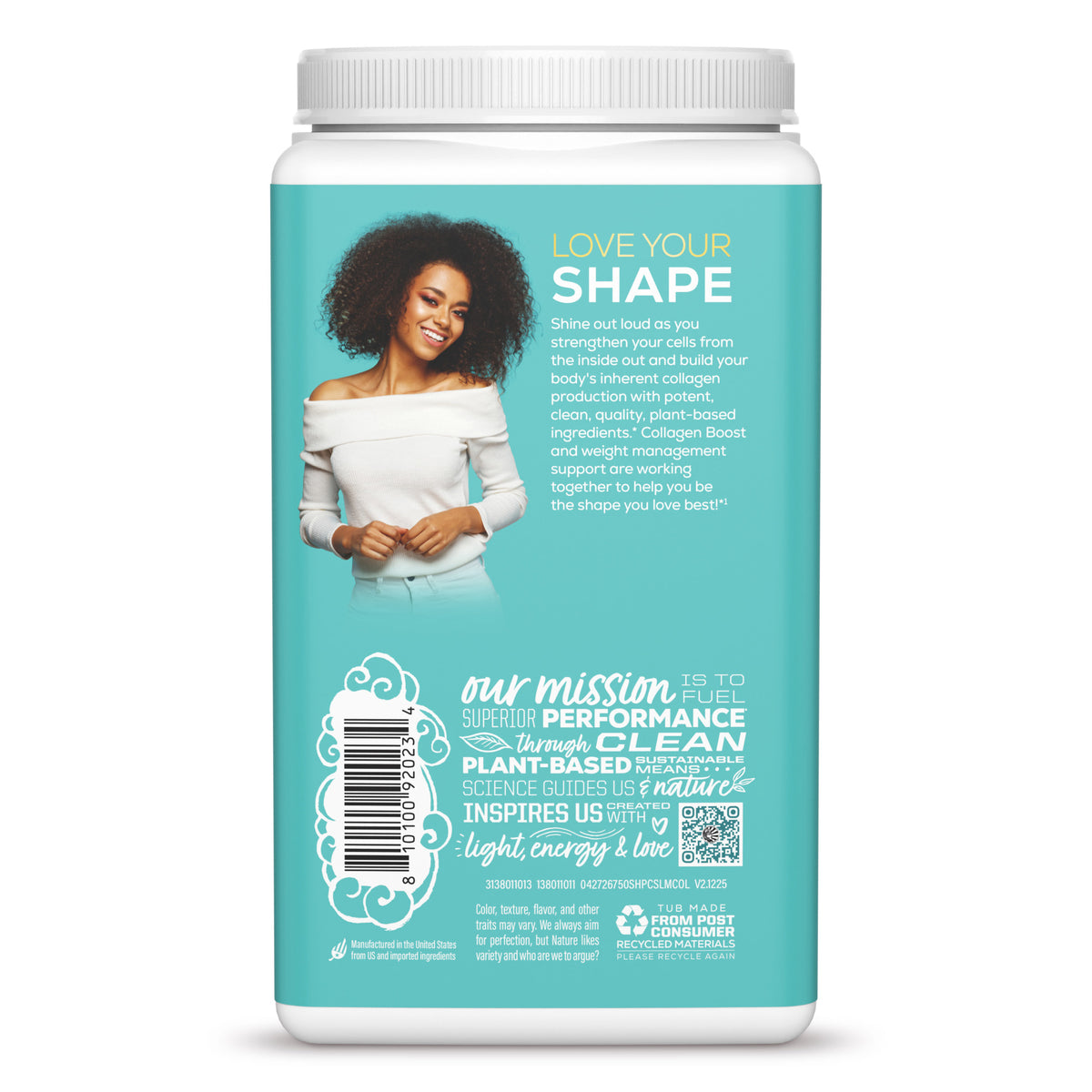 Slim collagen boost container with a woman's image and 'Love Your Shape' text on a teal background