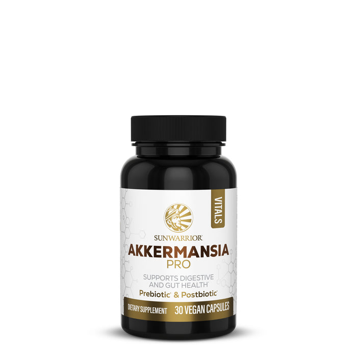 Black bottle of Sunwarrior Akkermansia Pro dietary supplement with 30 vegan capsules on white background