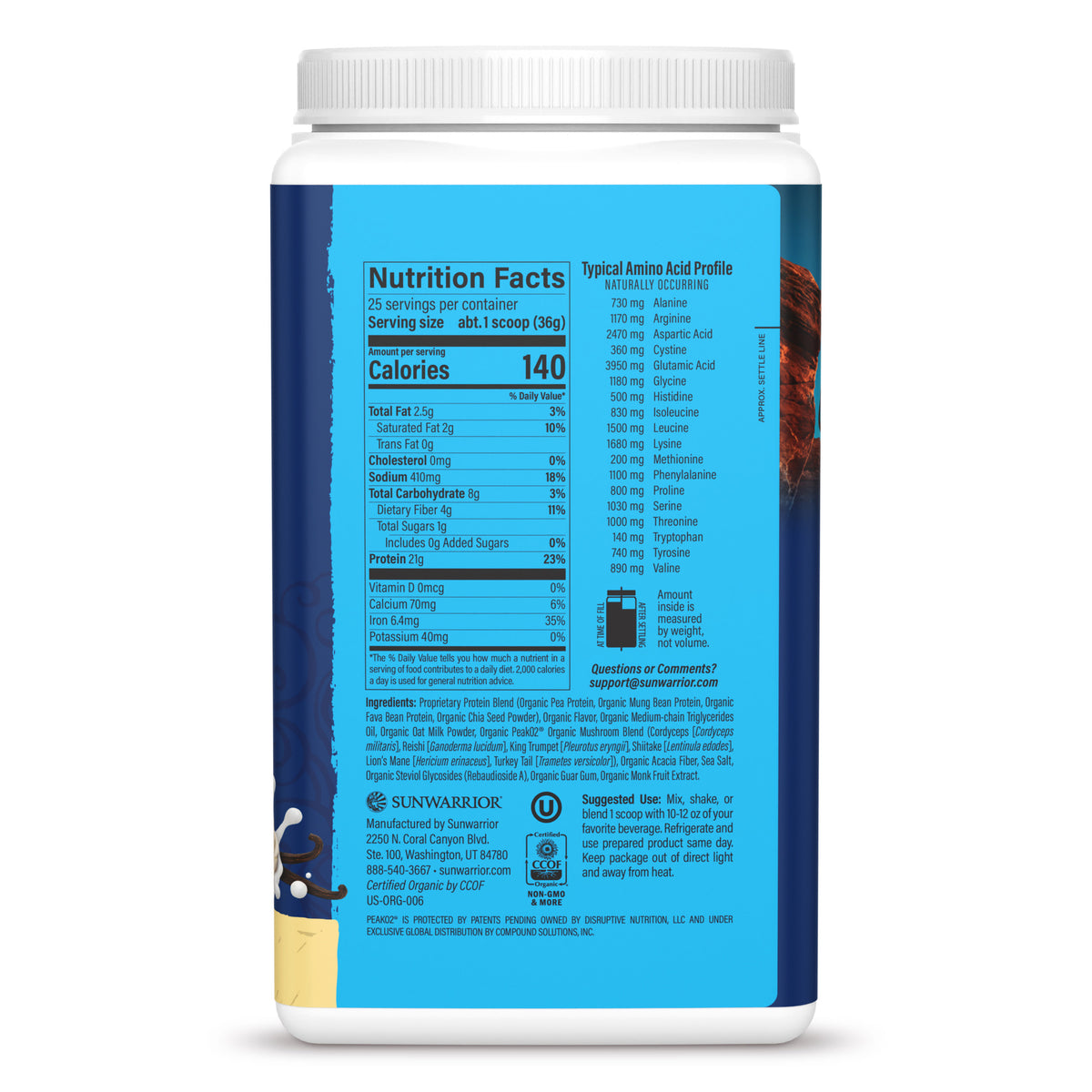 Organic Protein for Endurance with Adaptogenic Mushrooms - Warrior Blend Vanilla Plant-based Protein Sunwarrior