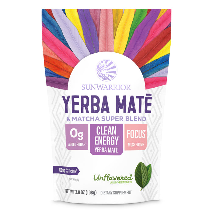 Sunwarrior Yerba Maté and Matcha Super Blend dietary supplement with colorful feather design pouch